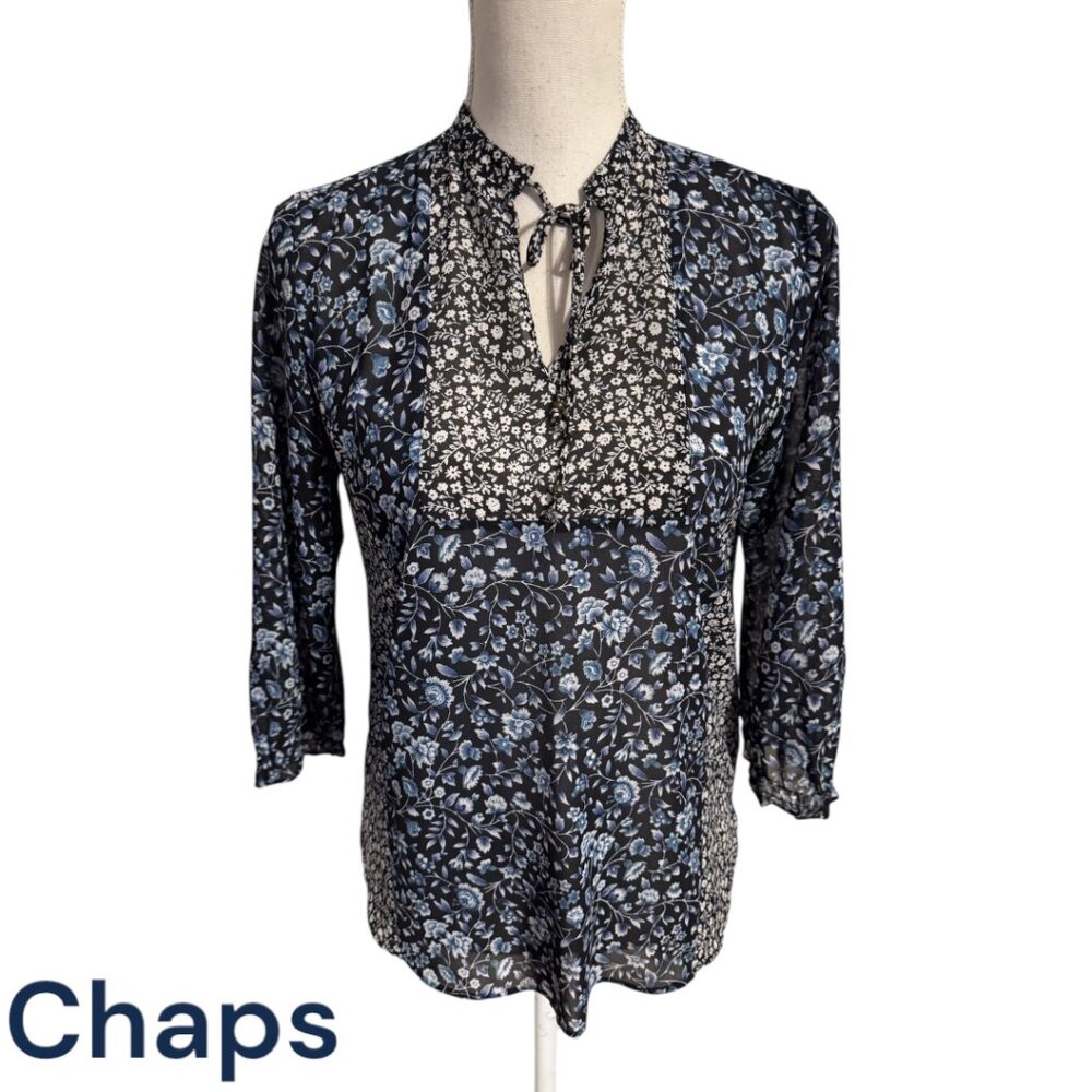 CHAPS NAVY PRINT TOP w/NECK TIE DETAIL PETITE/XSMALL #W - Picture 1 of 6